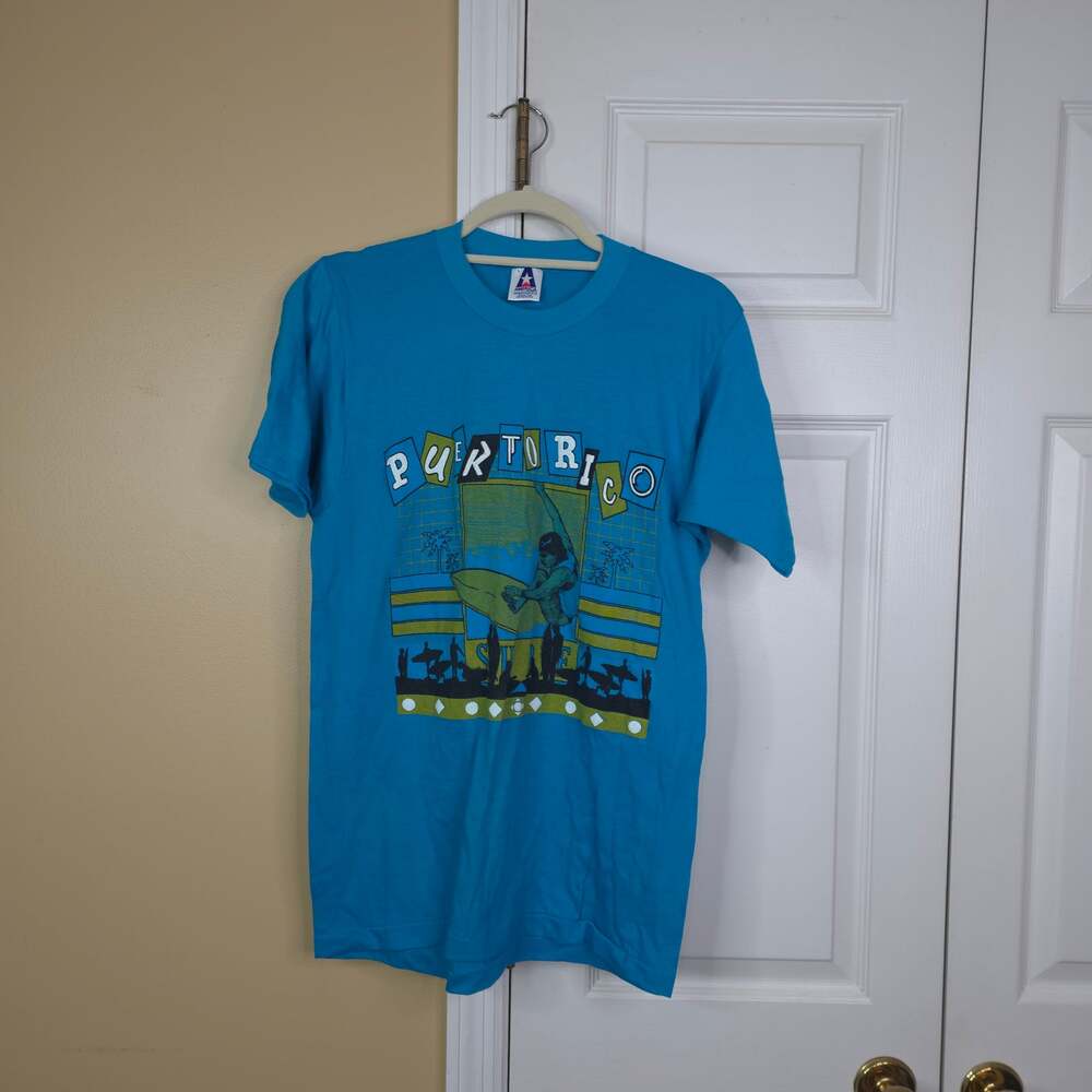 Vintage 90s America Project Puerto Rico Graphic T-Shirt Teal Blue Size Large